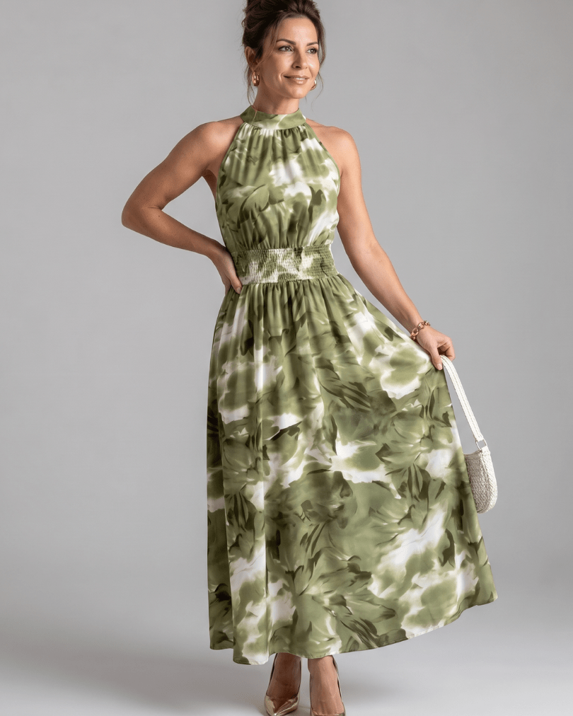 Abstract Print Midi Dress with Halter Neckline and Defined Waist – Lightweight Flowing Fabric 0