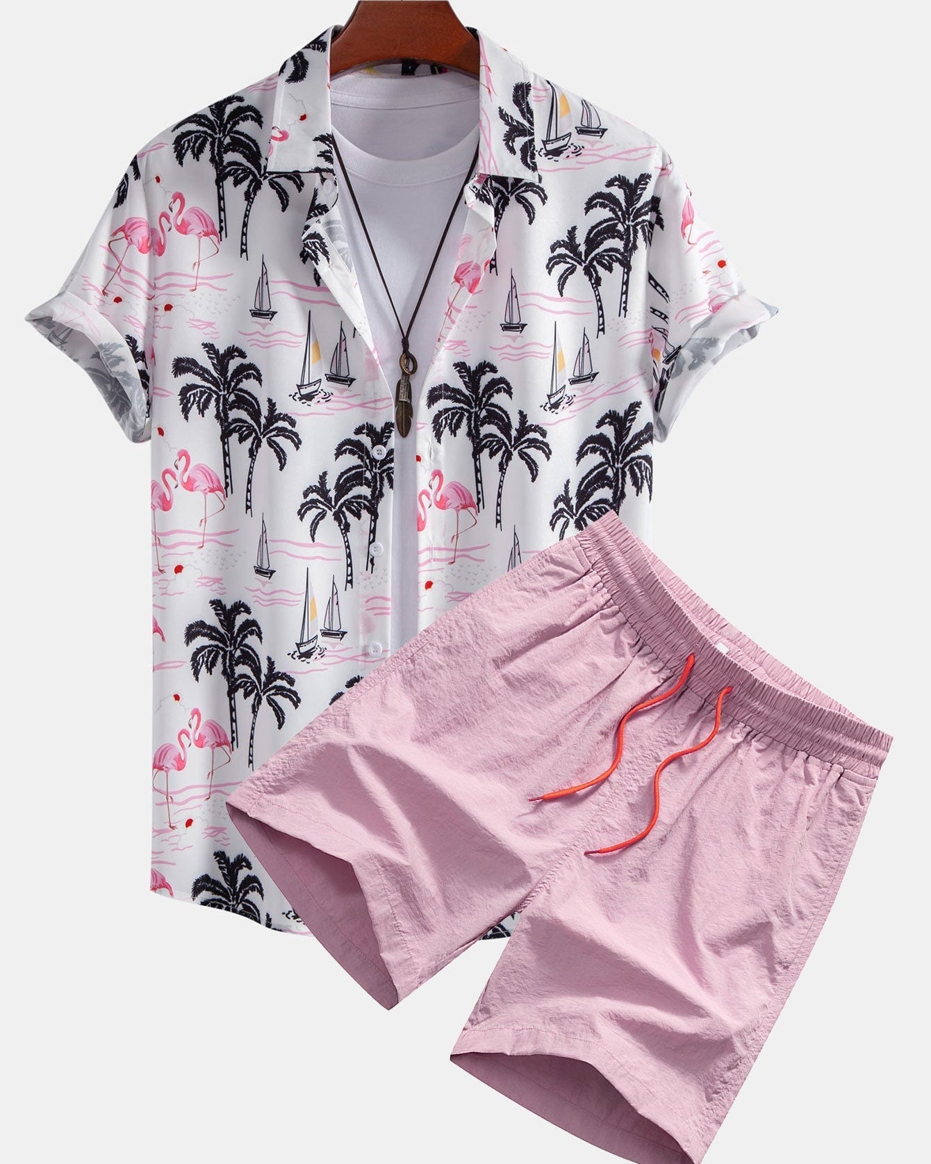 Beachwear Set with Palm Tree Flamingo Print – Lightweight Polyester Shirt and Nylon Swim Shorts 0