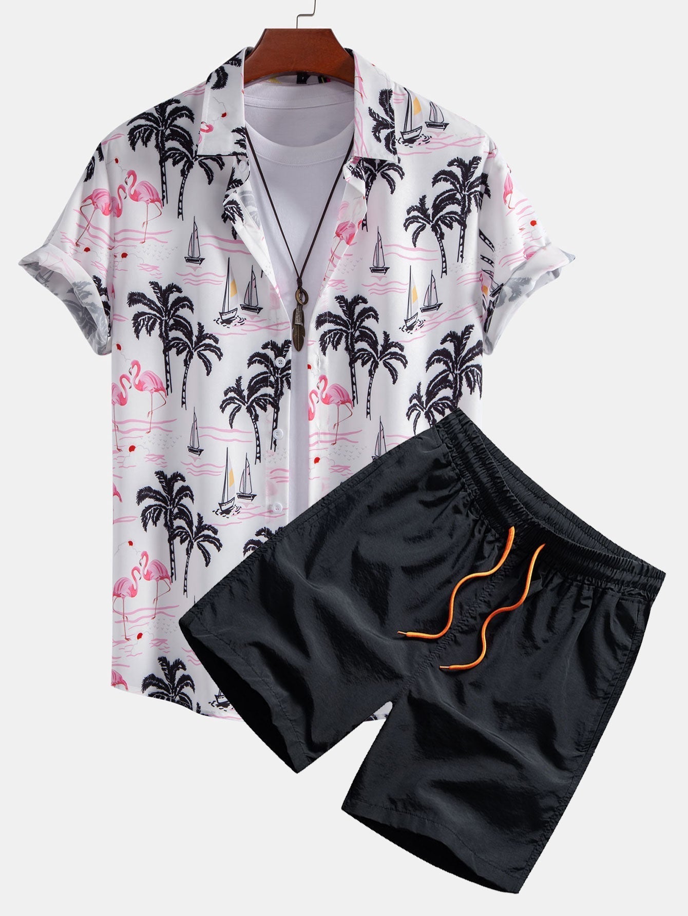 Beachwear Set with Palm Tree Flamingo Print – Lightweight Polyester Shirt and Nylon Swim Shorts 1