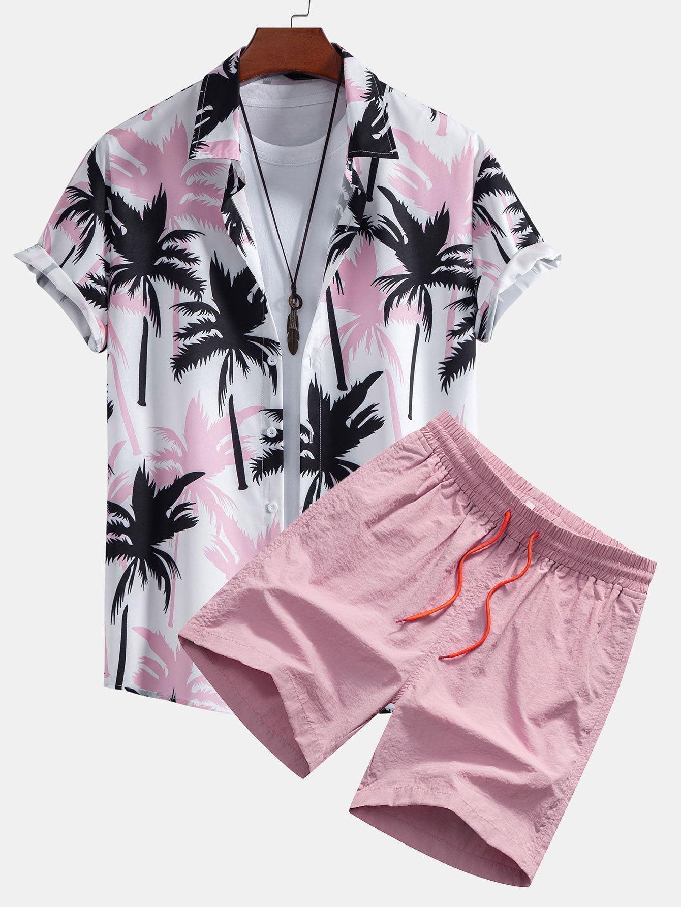 Beachwear Set with Unique Palm Tree Print – Comfortable Regular Fit – 100% Polyester Shirt and 100% Nylon Swim Shorts 1