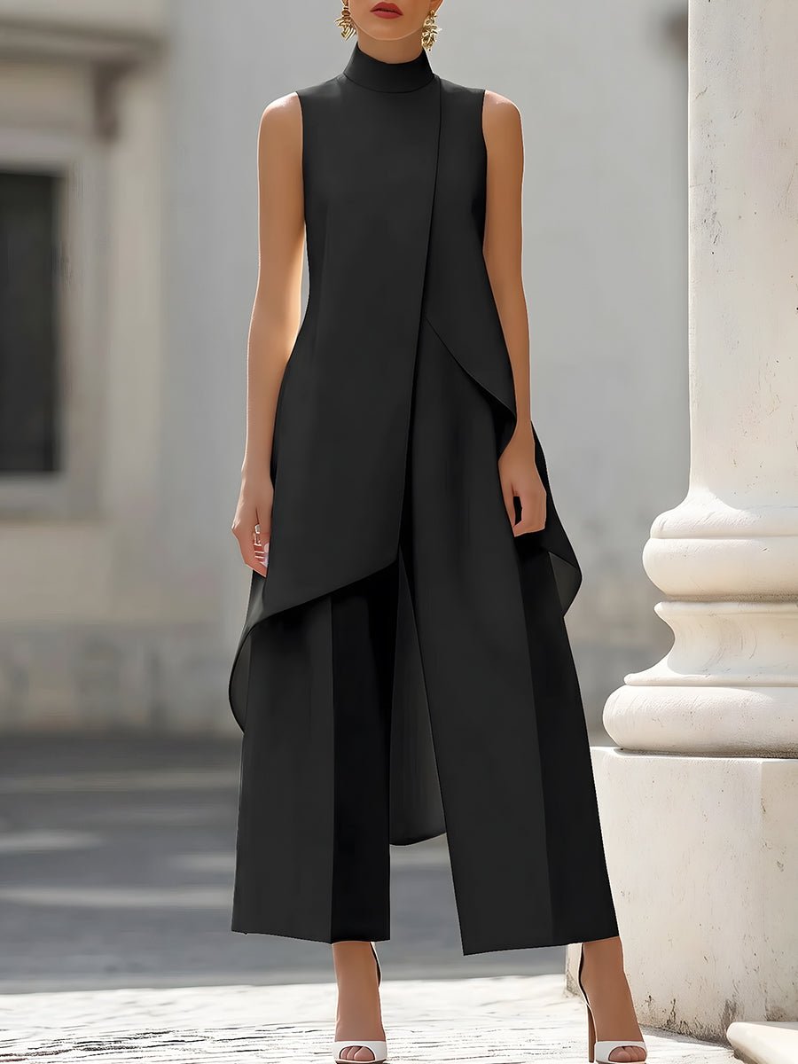 Black Jumpsuit Women with High Neckline and Draped Overlay – Elegant Wide-Leg Design for Special Occasions 4