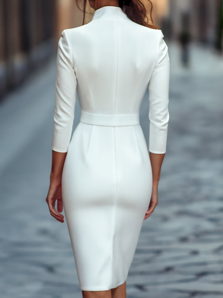 Black Sheath Dress with Belt and Mandarin Collar – Elegant Plus Size Polyester Design for Women 5
