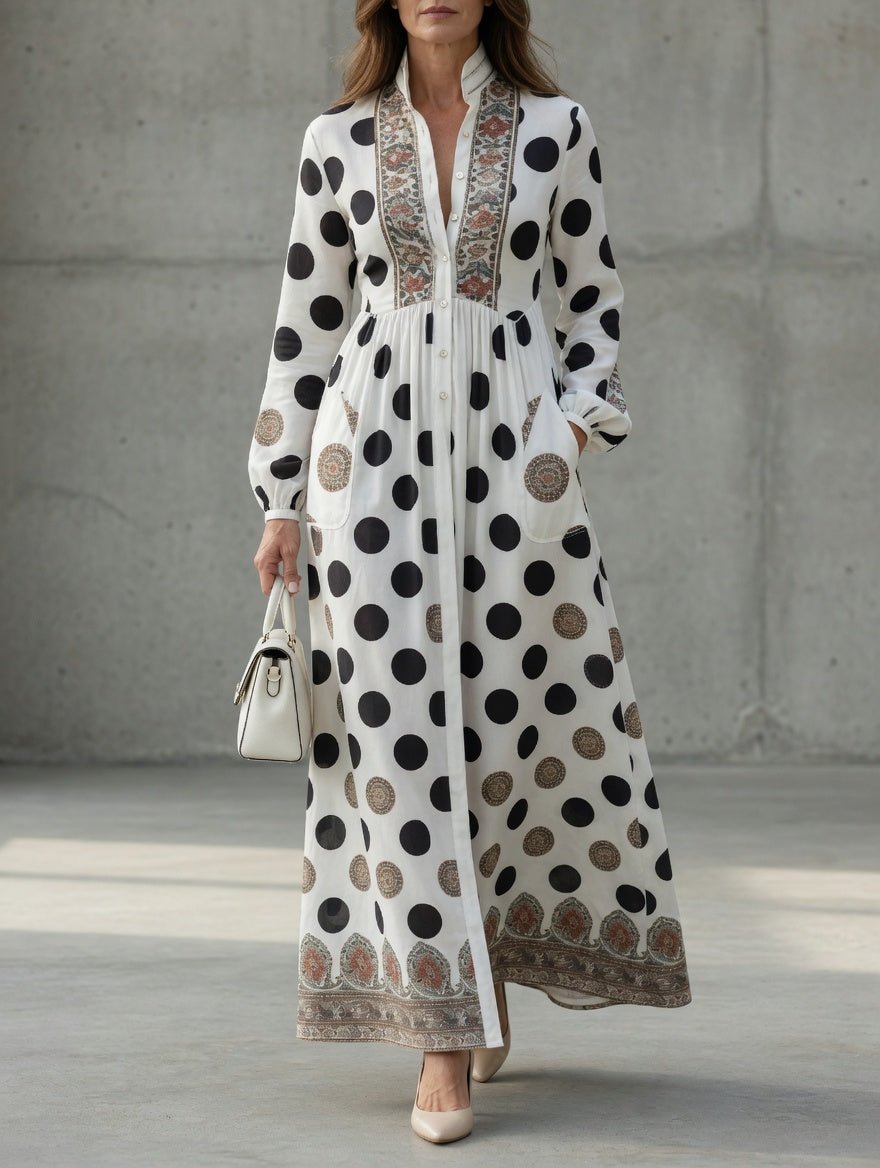 Button-Front Maxi Dress with Long Cuffed Sleeves and Side Pockets – Polka Dot Print for Women 0