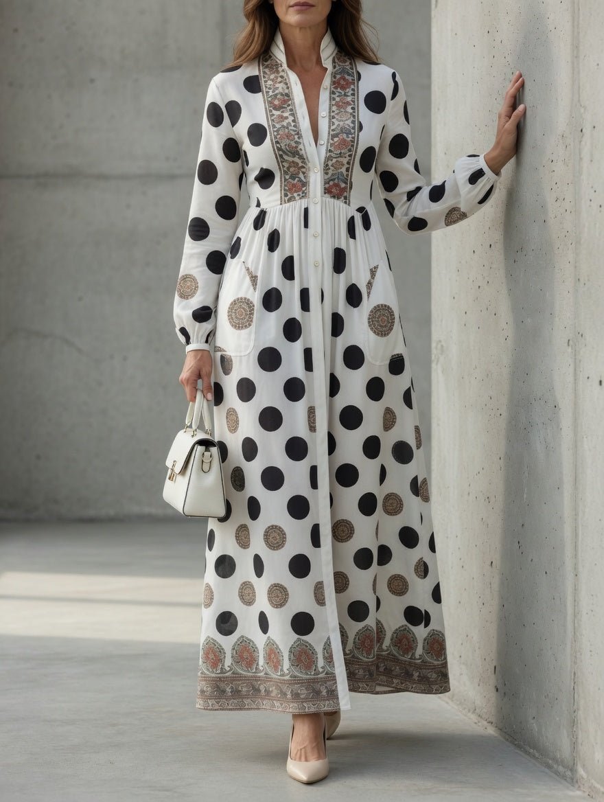 Button-Front Maxi Dress with Long Cuffed Sleeves and Side Pockets – Polka Dot Print for Women 3