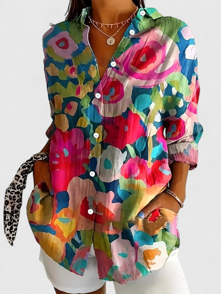 Button-Up Blouse with Artistic Print – Relaxed Fit Cotton Blend – Multicolor Design for Everyday Wear 3