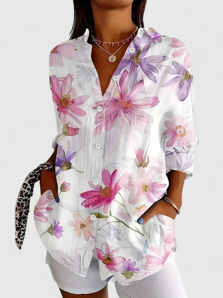 Button-Up Blouse with Artistic Print – Relaxed Fit Cotton Blend – Multicolor Design for Everyday Wear 4