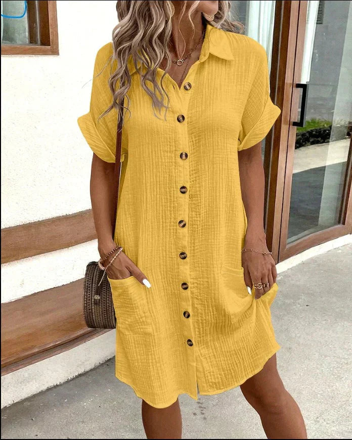 Cotton Shirt Dress with Button Closure and Side Pockets – Casual Summer Style in White 1