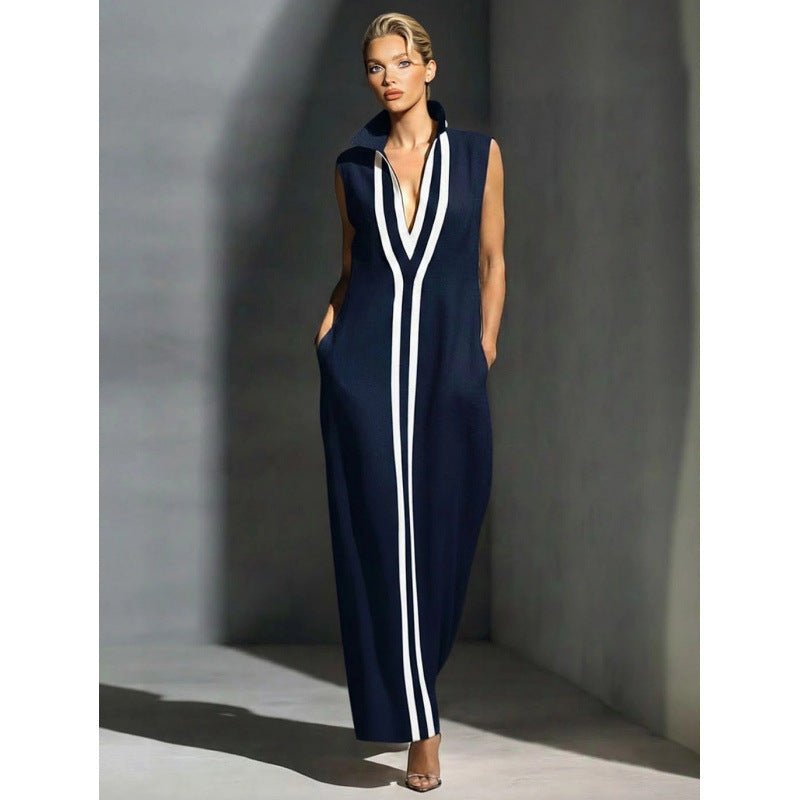 Elegant Evening Gown with Front Zipper and Side Slit – Navy and White Contrast for Formal Events and Wedding Guests 0