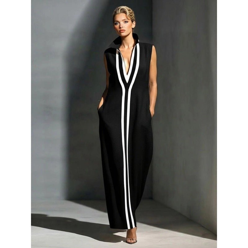 Elegant Evening Gown with Front Zipper and Side Slit – Navy and White Contrast for Formal Events and Wedding Guests 3