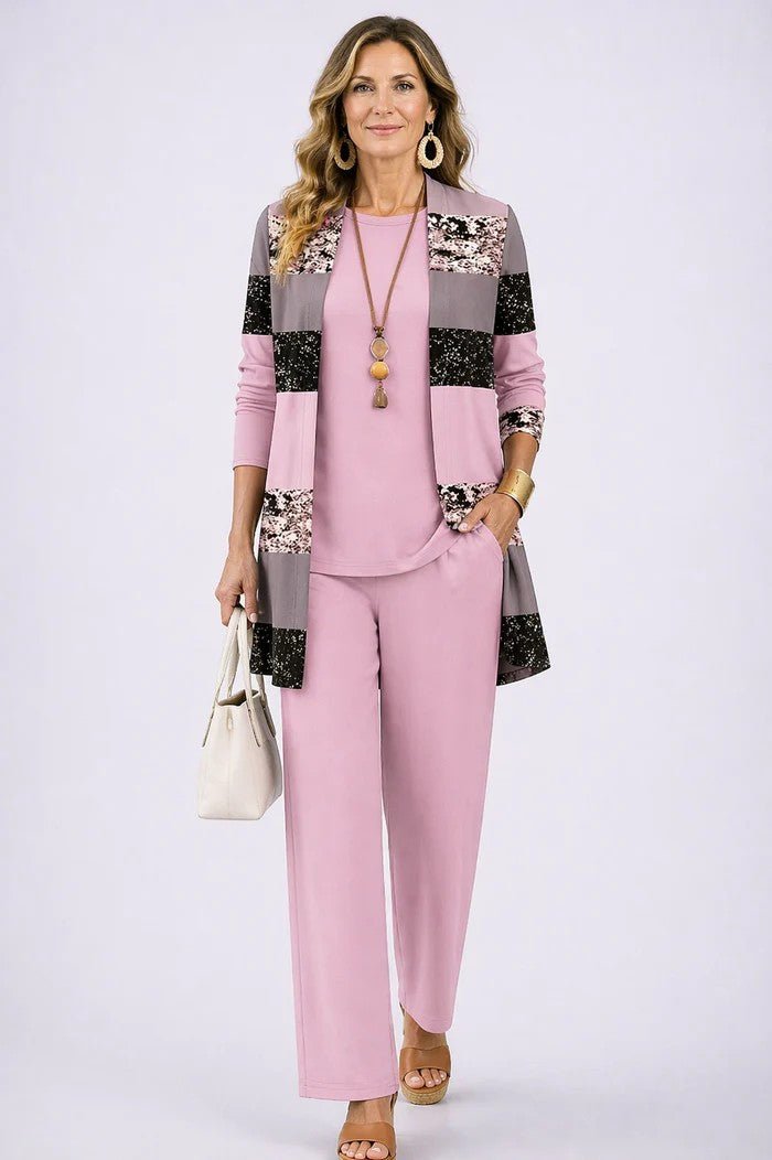 Elegant Three-Piece Set with Botanical Print Trousers – Plus Size Women's Casual Outfit – Lightweight and Breathable 4