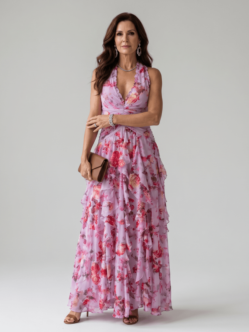 Floral Maxi Dress with Halter Neck and Ruched Bodice – Lightweight Summer Dress for Wedding Guests 0