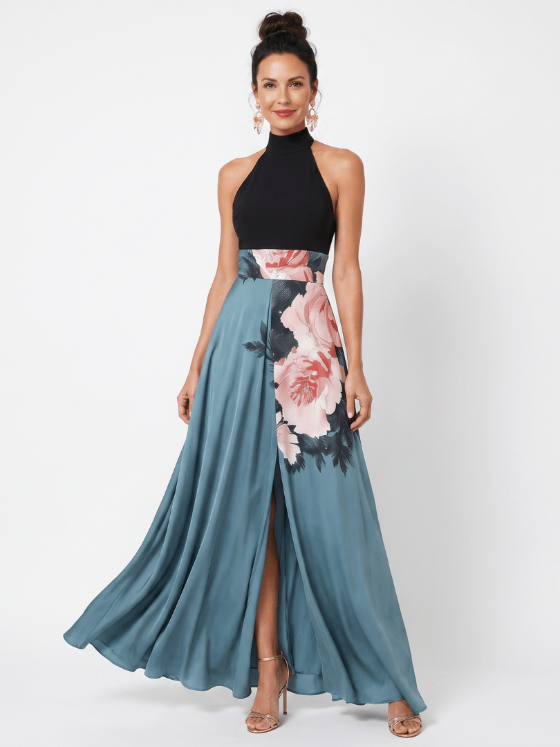 Floral Maxi Dress with Halter Neckline and Front Slit – Elegant Evening Wear in Smooth Fluid Fabric 0