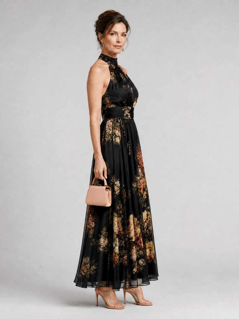 Floral Midi Dress with Defined Waist and Halter Neck – Lightweight Flowing Summer Wedding Guest Dress 3