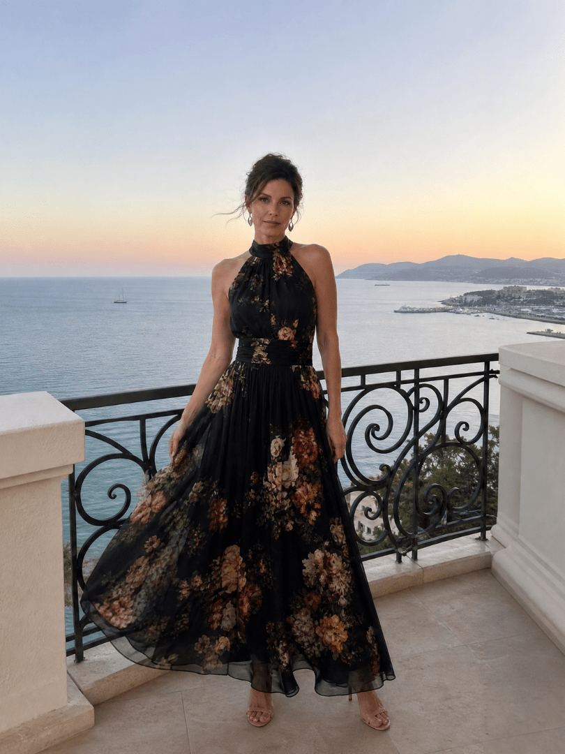 Floral Midi Dress with Defined Waist and Halter Neck – Lightweight Flowing Summer Wedding Guest Dress 5