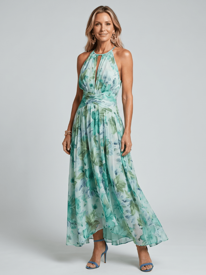Floral Midi Dress with Pleated Design and Halter Neckline – Lightweight and Breathable for Women 0