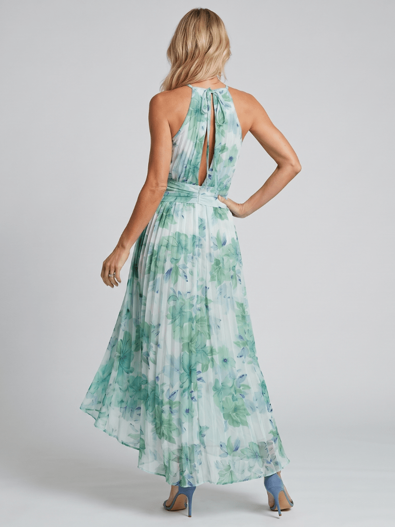 Floral Midi Dress with Pleated Design and Halter Neckline – Lightweight and Breathable for Women 2