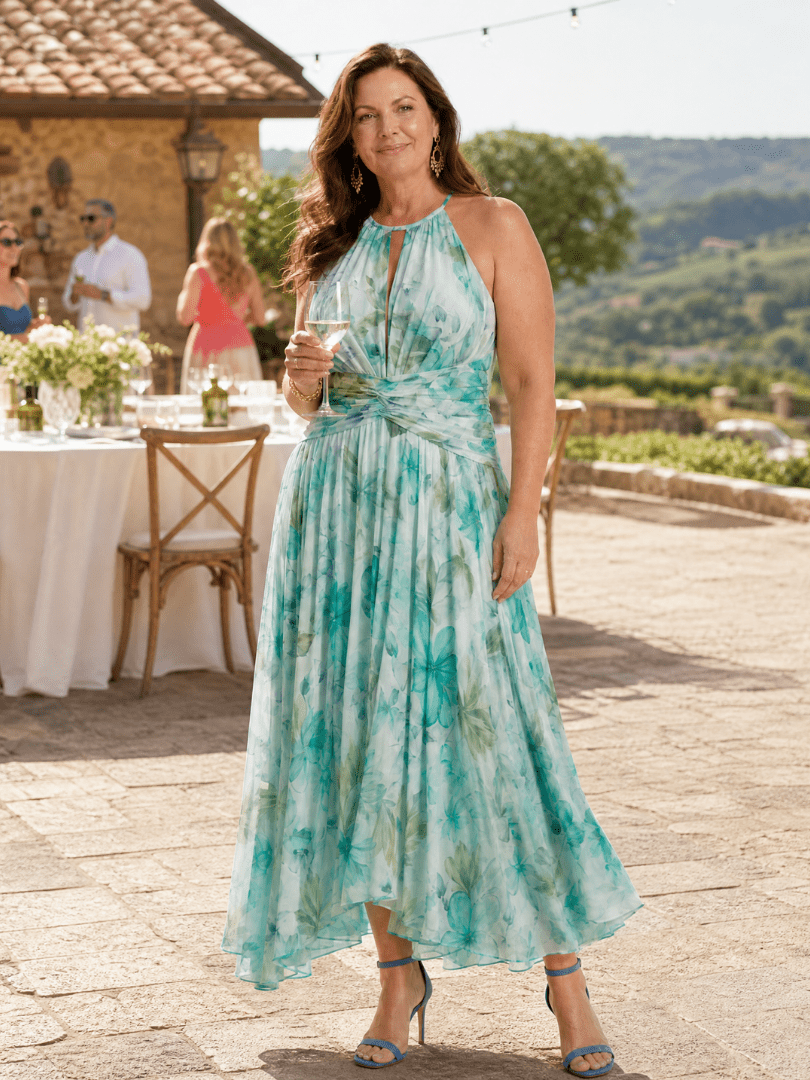 Floral Midi Dress with Pleated Design and Halter Neckline – Lightweight and Breathable for Women 3