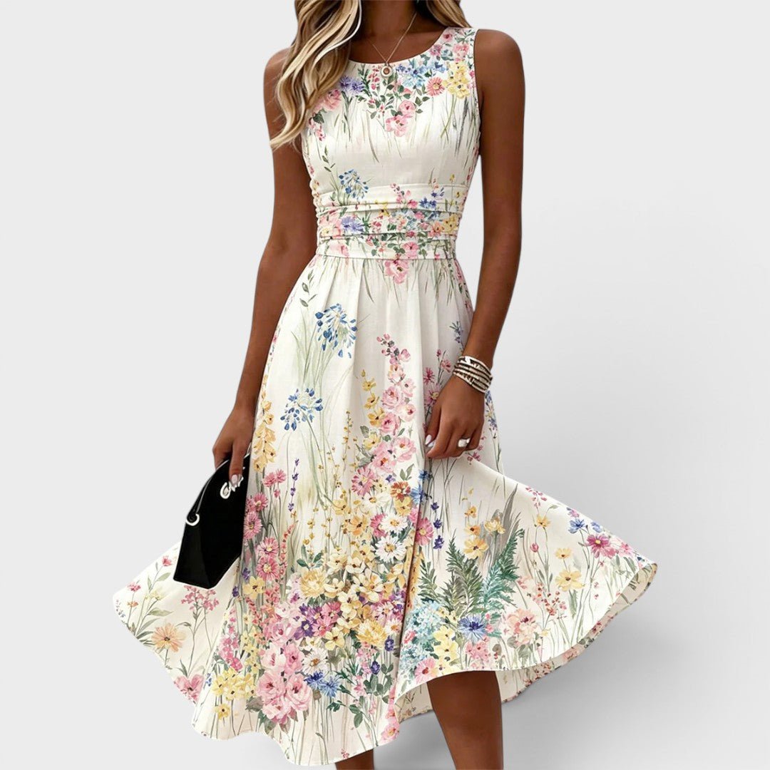 Floral Midi Dress with Watercolor Print and Cinched Waist – Sleeveless Summer Dress for Wedding Guests 0