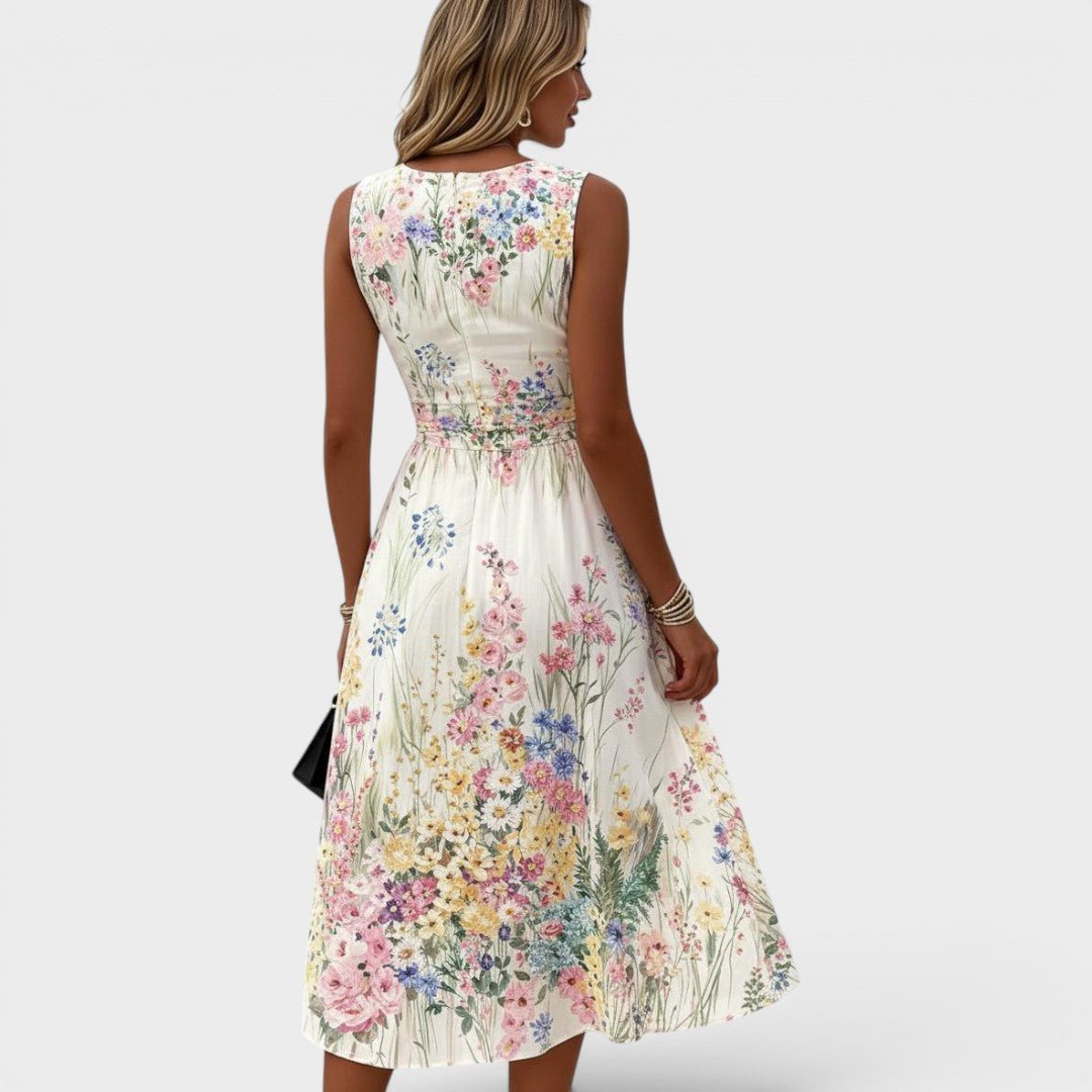 Floral Midi Dress with Watercolor Print and Cinched Waist – Sleeveless Summer Dress for Wedding Guests 3