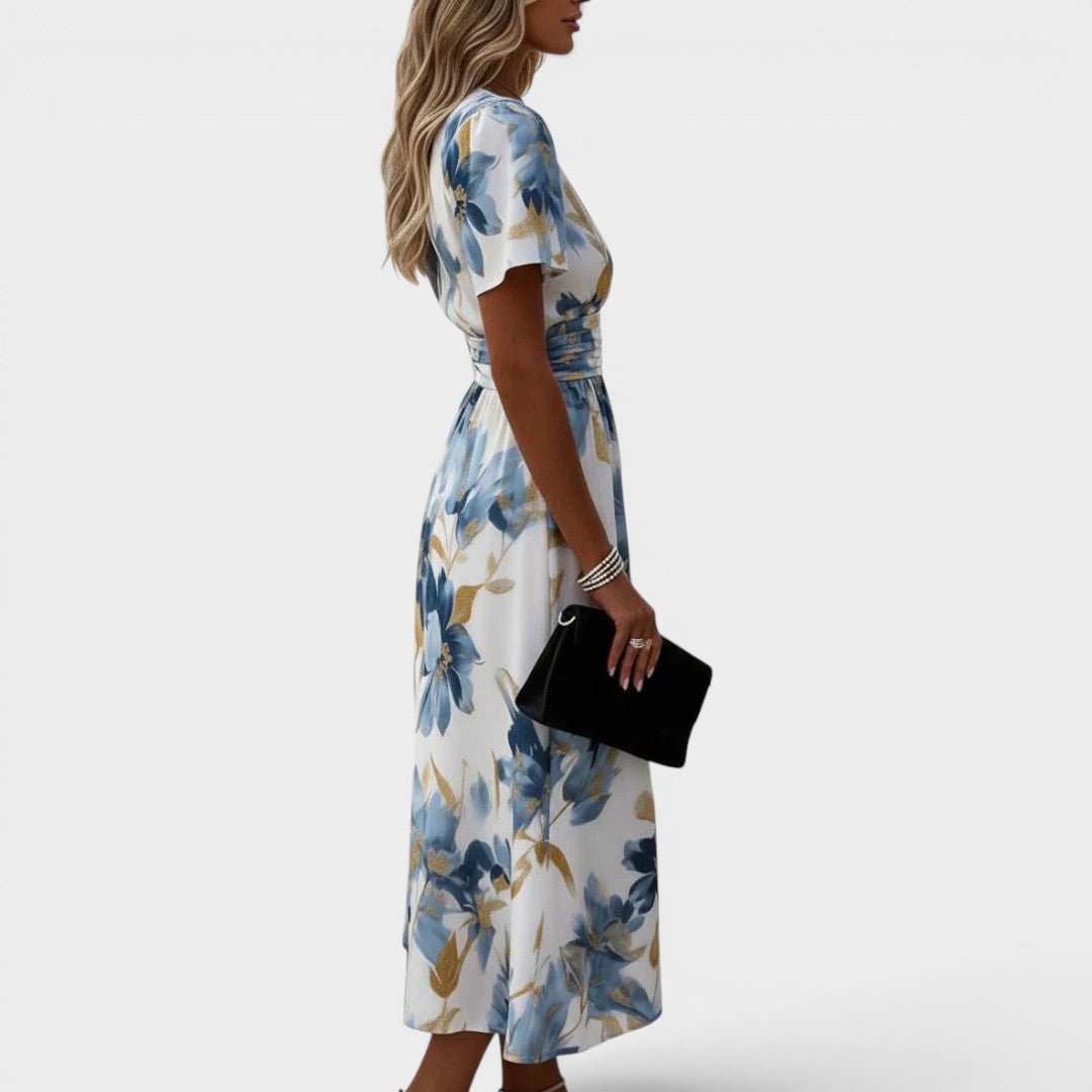 Floral Wrap Midi Dress with Ruched Waist and Gold Accents – Elegant Summer Wedding Guest Dress 1