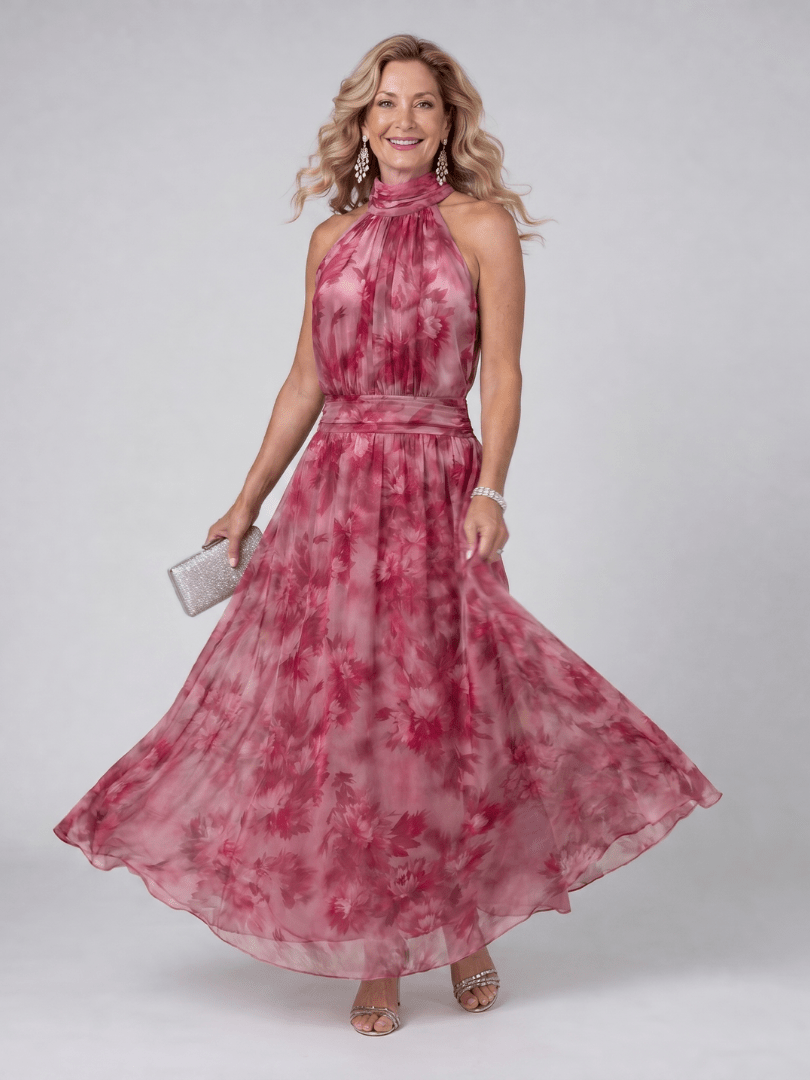 Halter Neck Midi Dress with Defined Waist – Lightweight Fabric for Wedding Guests and Summer Events 1
