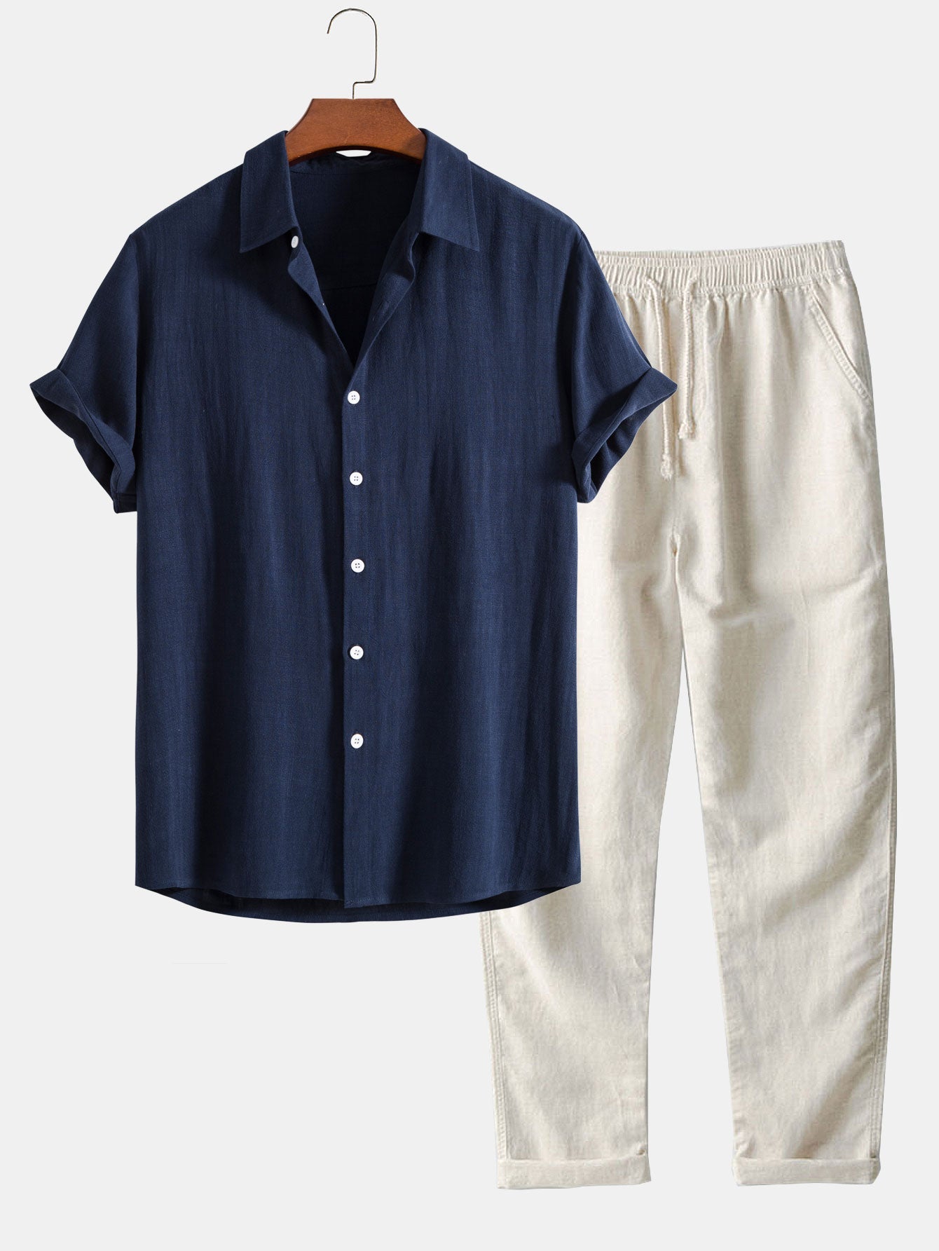 Linen Blend Outfit with Button-Up Shirt and Straight Leg Pants – Comfortable Summer Clothes for Casual or Semi-Formal Wear 0