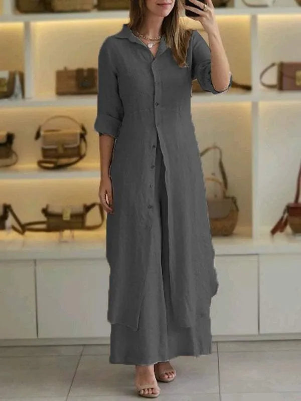 Linen two-piece set featuring a relaxed fit, designed for both men and women, perfect for casual outings with its breathable and lightweight fabric. 1