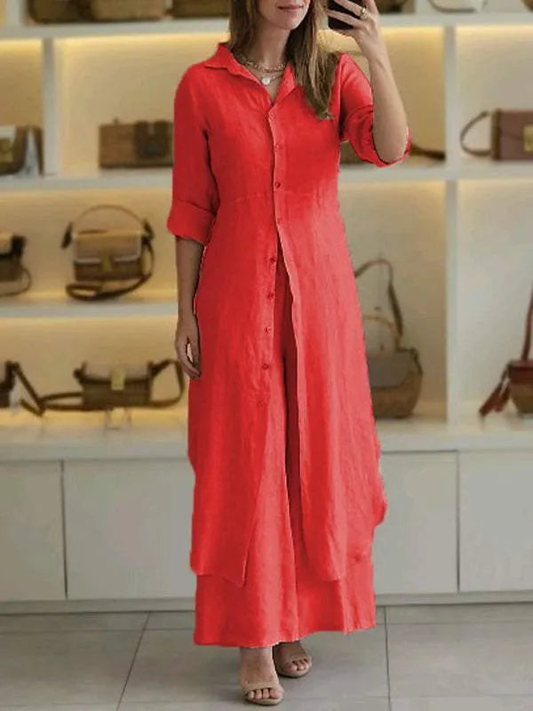 Linen two-piece set featuring a relaxed fit, designed for both men and women, perfect for casual outings with its breathable and lightweight fabric. 3