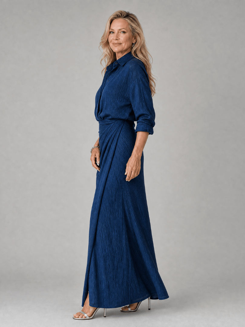 Long Sleeve Maxi Dress with Wrap Front Design and Gathered Waist – Lightweight Elegant Dress for Any Occasion 1