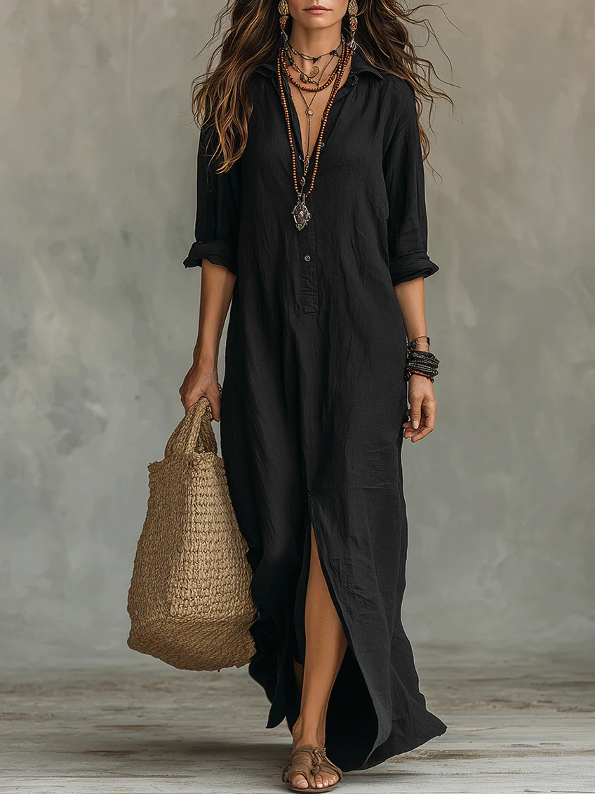 Maxi Dress with Button-Down Detail and Relaxed Fit for Women – Lightweight Long Sleeve Casual Dress 0