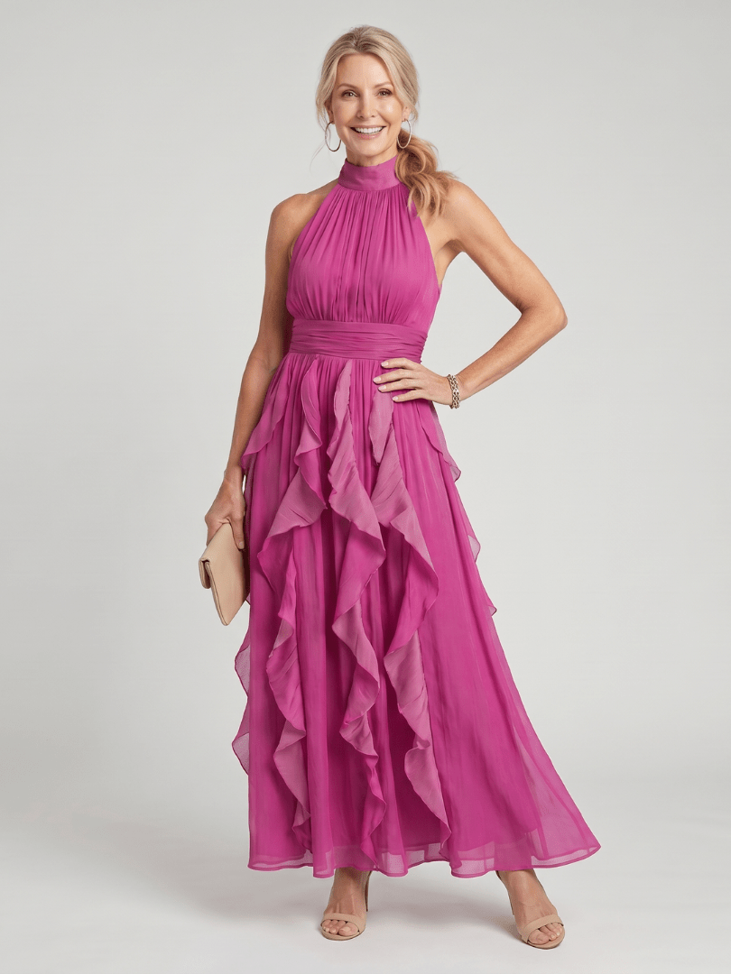 Maxi Dress with High Neck and Ruffle Layers – Lightweight Airy Sleeveless Design in White 0