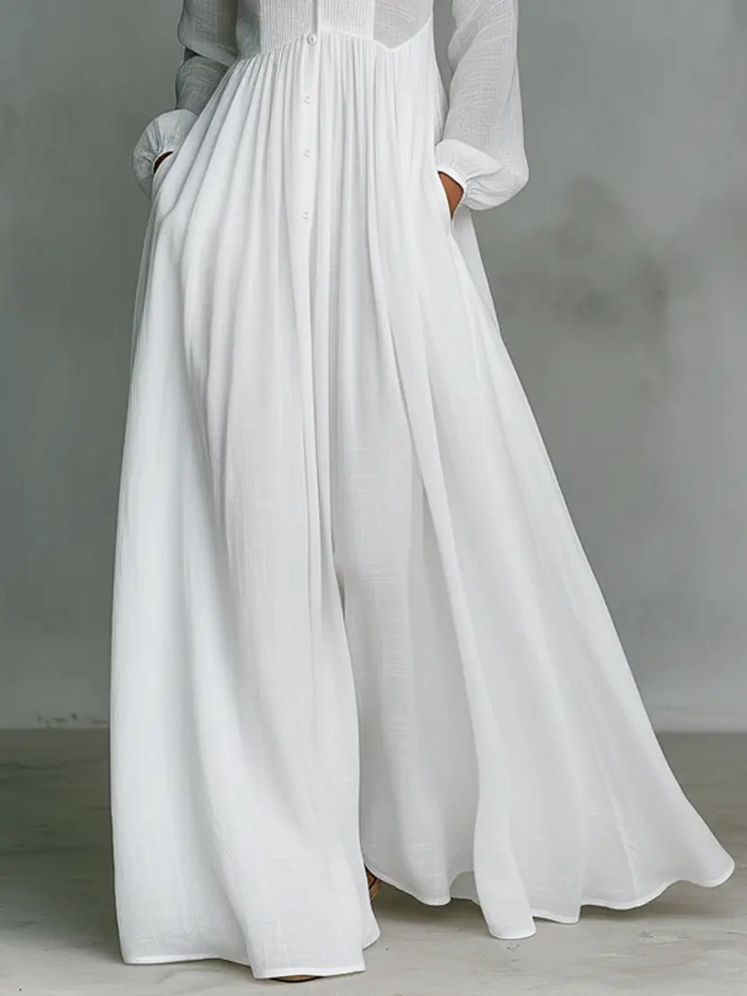 Maxi Dress with Patchwork Linen and Stand-Up Collar – Button Closure for Elegant Occasions 5