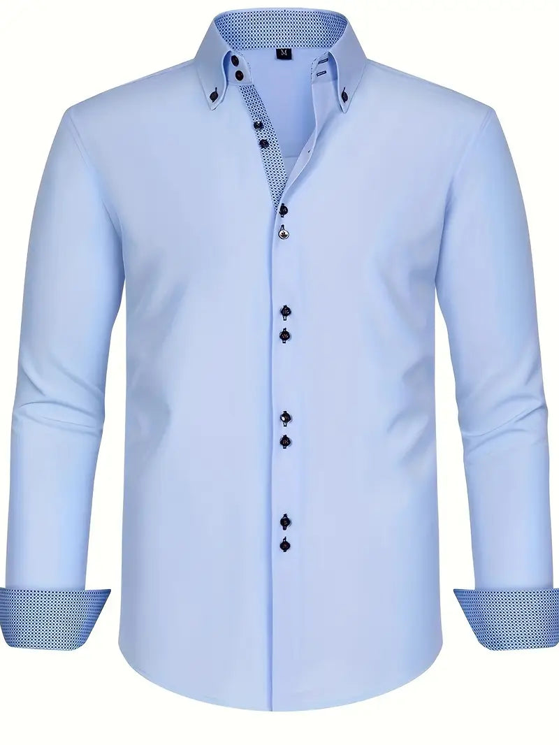 Men's Dress Shirt with Double-Breasted Design and Floral Cuffs – Breathable Polyester Blend Long Sleeve Shirt 1