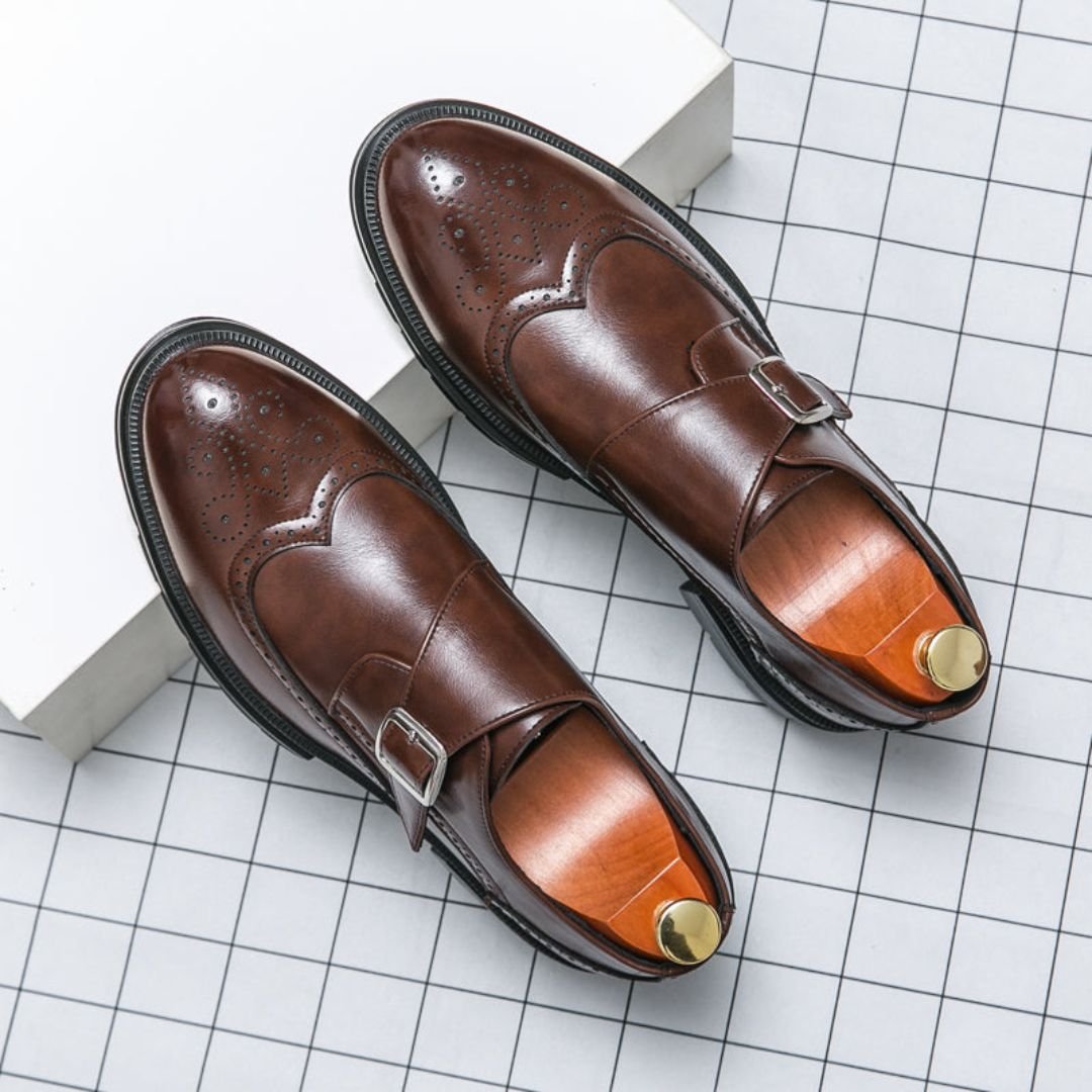 Men's black leather dress shoes featuring elegant wingtip brogue detailing and a stylish monk strap closure, perfect for formal occasions and versatile enough for any wardrobe 4