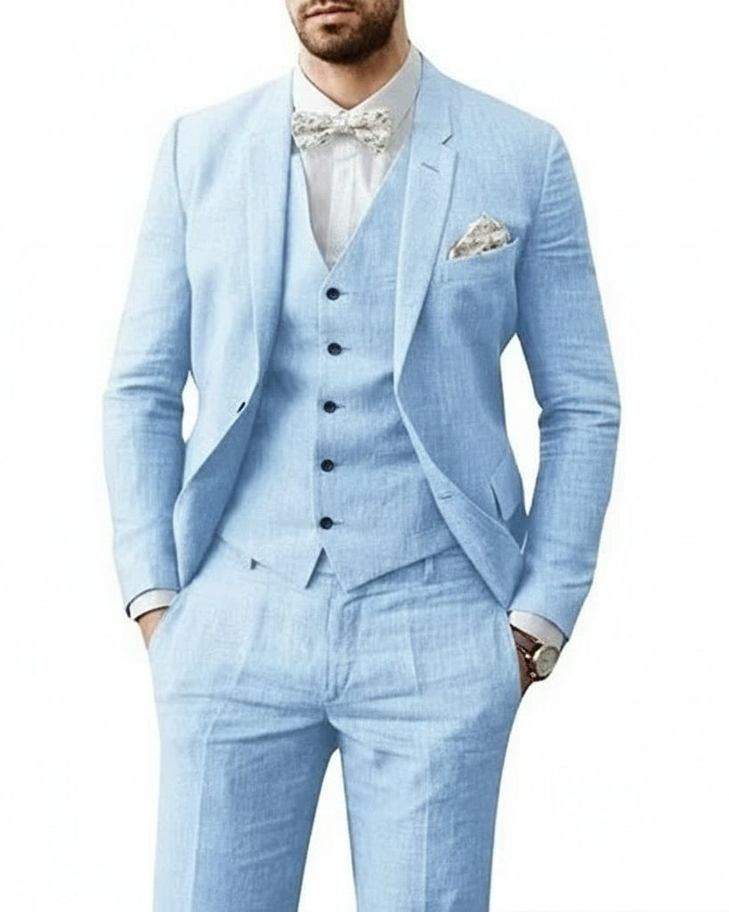 Men's Linen 3-Piece Suit for Wedding featuring a breathable tailored fit, classic two-button jacket, stylish vest, and flat-front pants, perfect 0