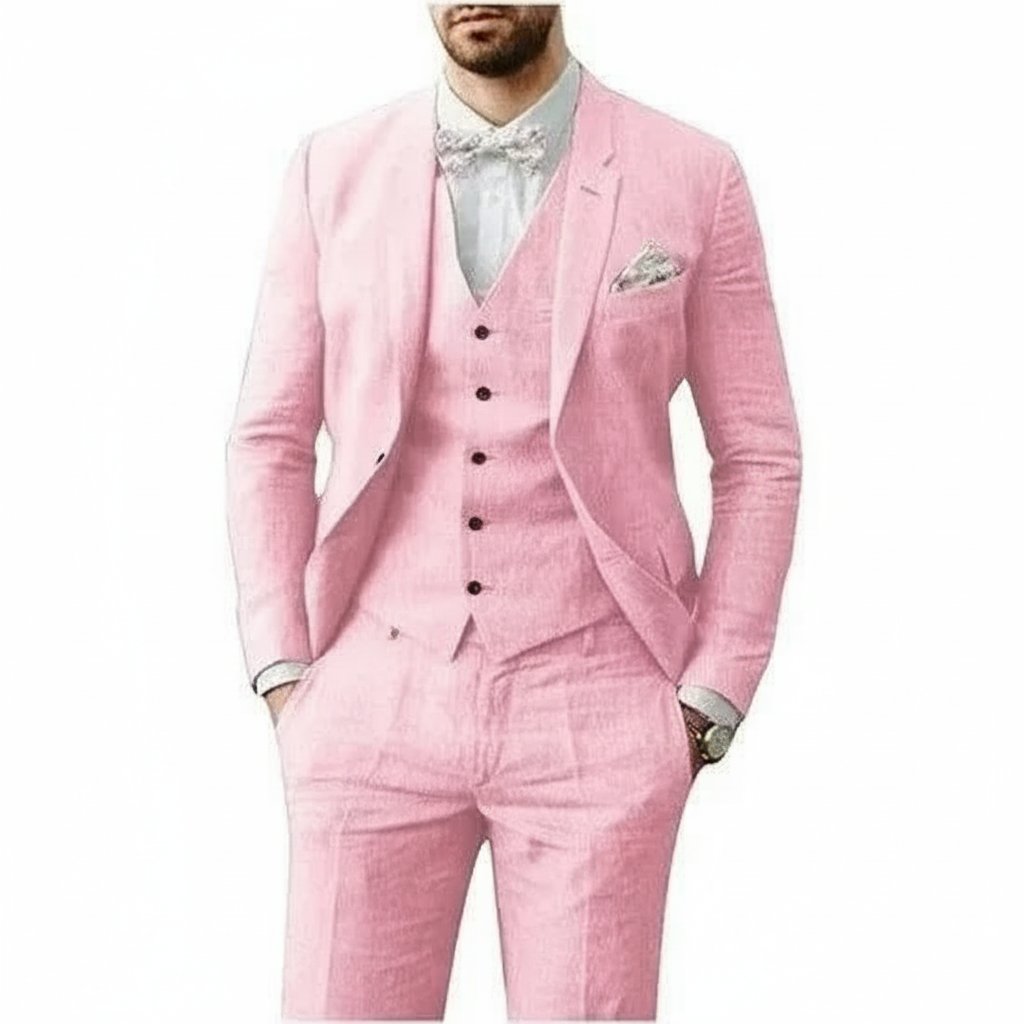 Men's Linen 3-Piece Suit for Wedding featuring a breathable tailored fit, classic two-button jacket, stylish vest, and flat-front pants, perfect 3