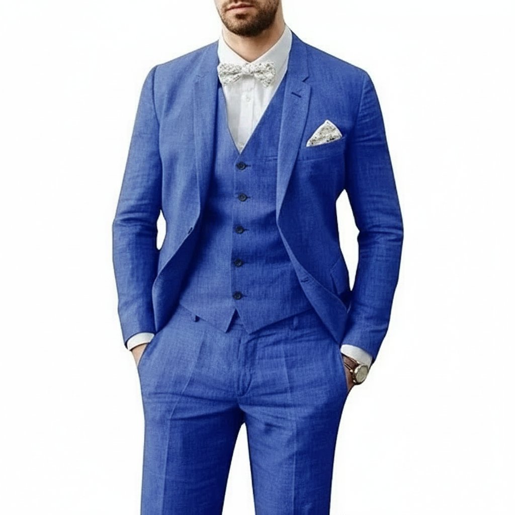 Men's Linen 3-Piece Suit for Wedding featuring a breathable tailored fit, classic two-button jacket, stylish vest, and flat-front pants, perfect 5