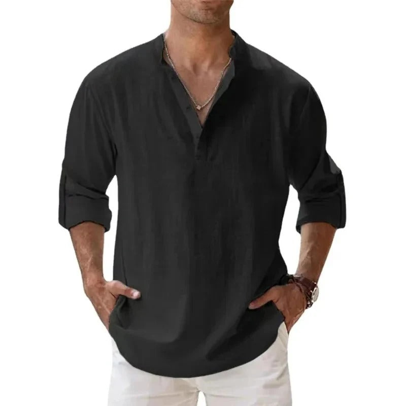Men's Linen Shirt with Grandad Collar, featuring a breathable relaxed fit and long sleeves, perfect for casual outings or warm weather wear. 2