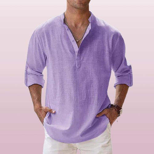 Men's Linen Shirt with Grandad Collar, featuring a breathable relaxed fit and long sleeves, perfect for casual outings or warm weather wear. 6
