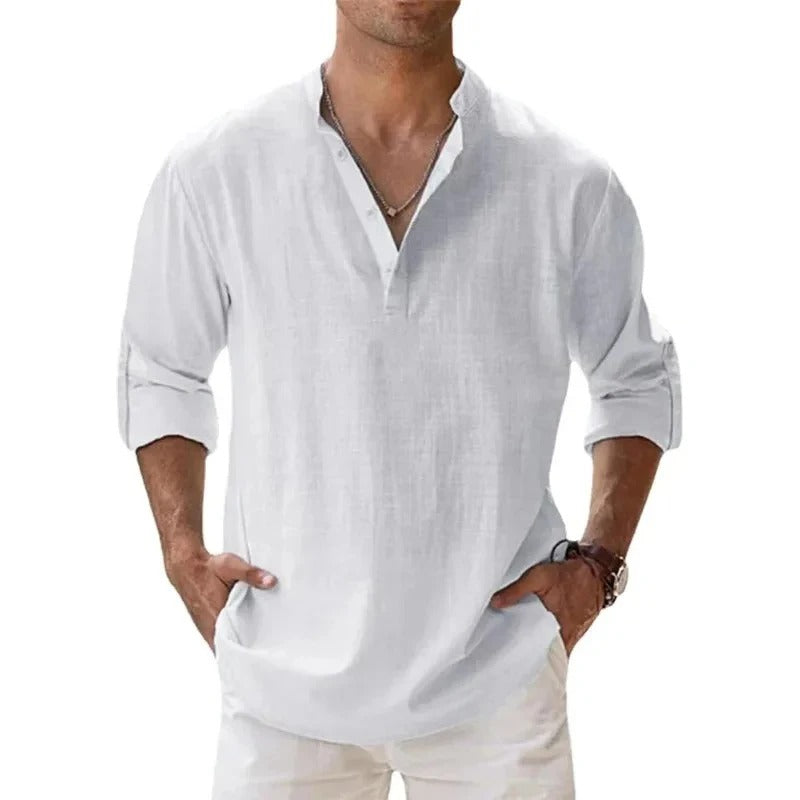 Men's Linen Shirt with Grandad Collar, featuring a breathable relaxed fit and long sleeves, perfect for casual outings or warm weather wear. 8