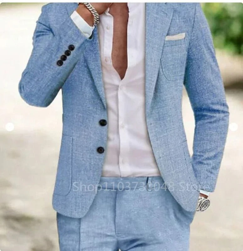 Men's linen suit two-piece set featuring a stylish blazer and slim-fit pants, perfect lightweight attire for summer weddings. 3