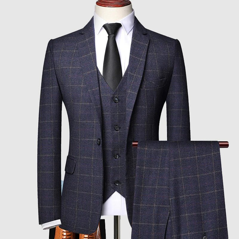 Men's Three-Piece Suit with Windowpane Check – Tailored Blazer, Waistcoat, and Pants for Weddings and Formal Events 0