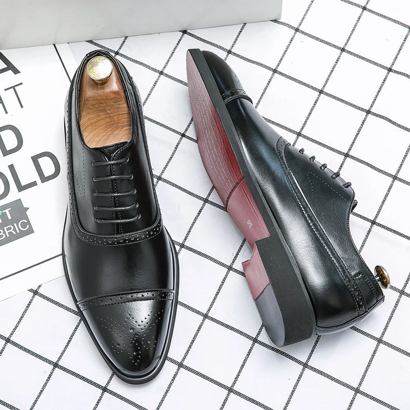 Mens Oxford Shoes with Genuine Leather Upper and Classic Cap-Toe Design – Black Brogue Dress Shoes 1