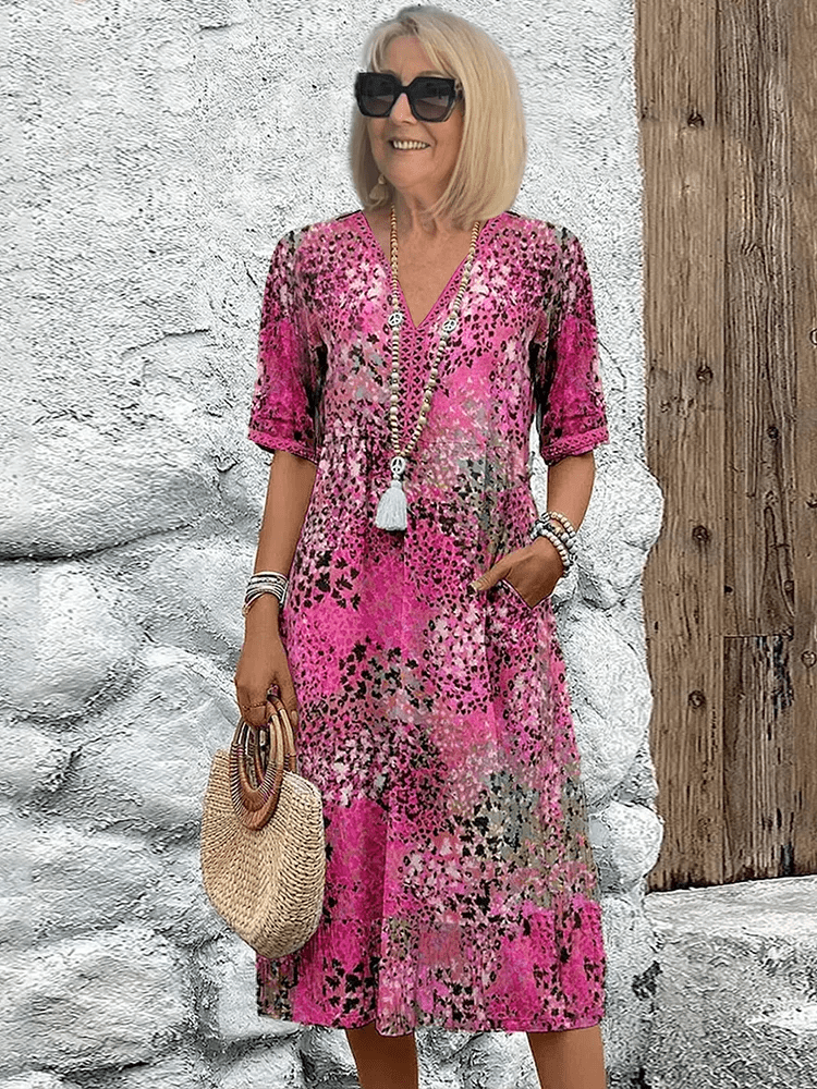 Midi Dress with Abstract Print and Lace V-Neck – Soft Breathable Casual Style with Side Pockets 0