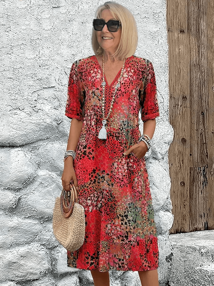Midi Dress with Abstract Print and Lace V-Neck – Soft Breathable Casual Style with Side Pockets 2
