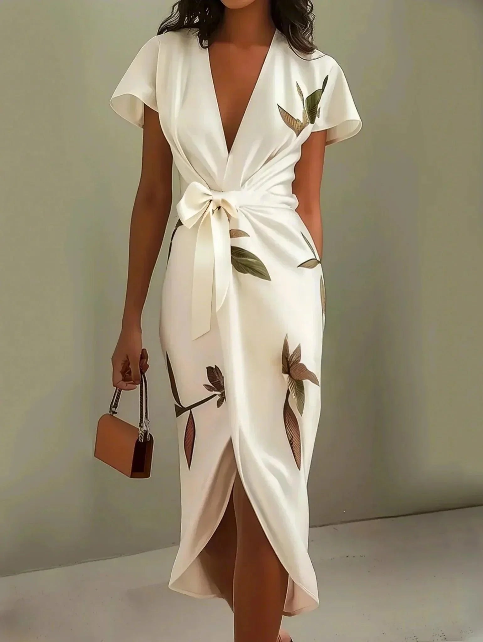 Elegant midi wrap dress featuring a flattering V-neck and vibrant floral print, designed with a stylish tie-waist for a perfect fit. Ideal for wedding guests 0
