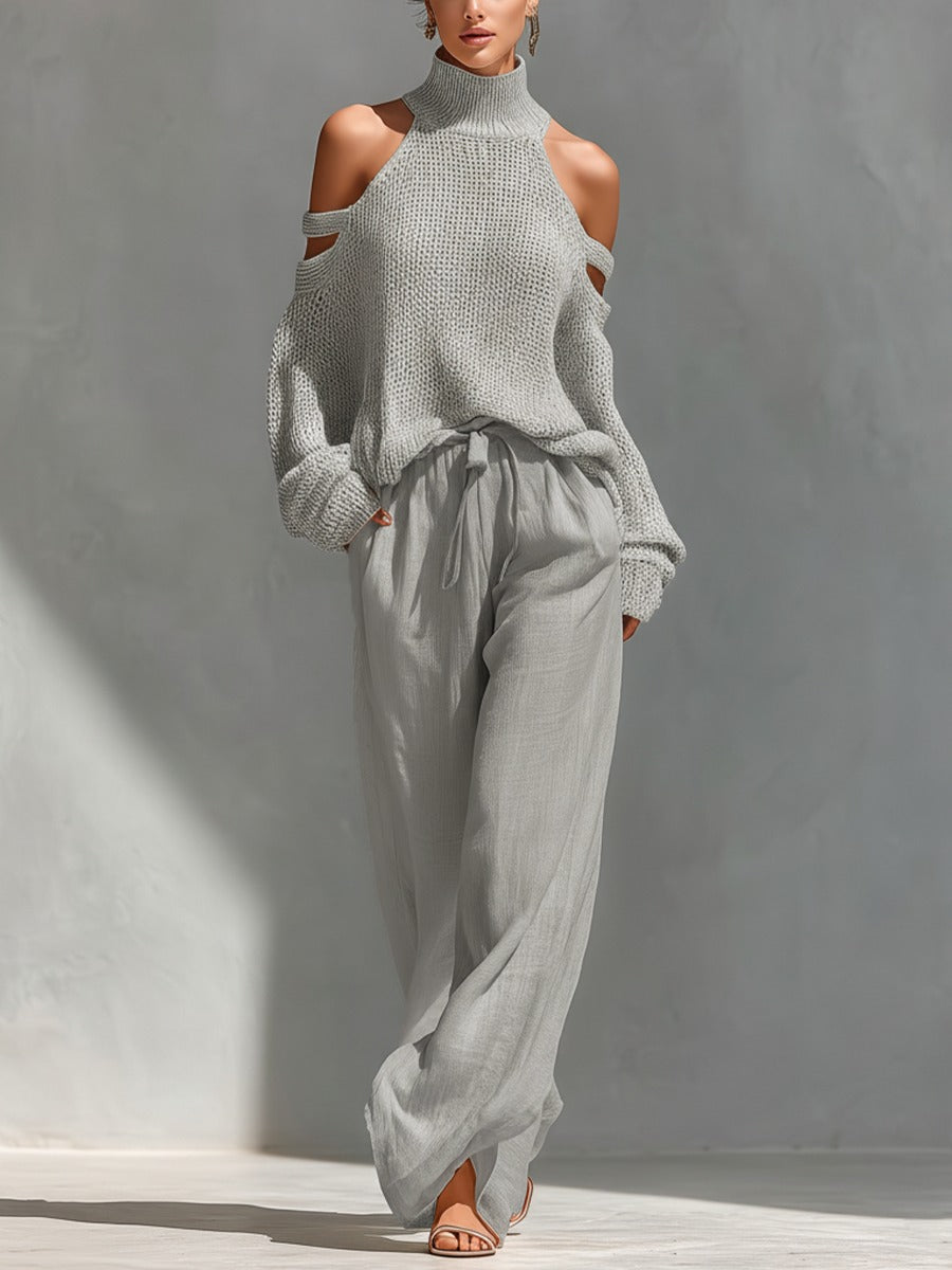 Off-shoulder two piece set featuring wide-leg trousers, showcasing a modern feminine design perfect for women’s casual or dressy occasions. 1