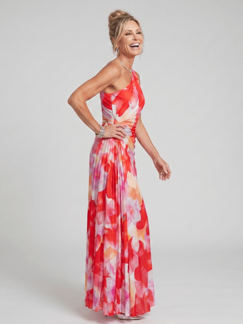 One Shoulder Midi Dress with Pleated Bodice – Lightweight Fluid Design for Casual and Formal Occasions 1