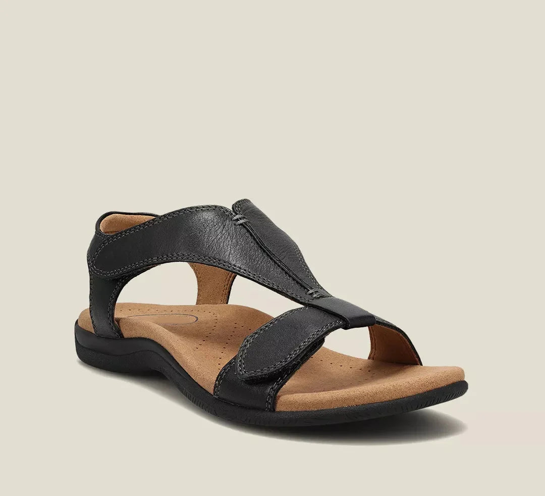 Orthopedic sandals featuring arch support and adjustable straps for everyday comfort, available in black and sizes 4-11 US. 0