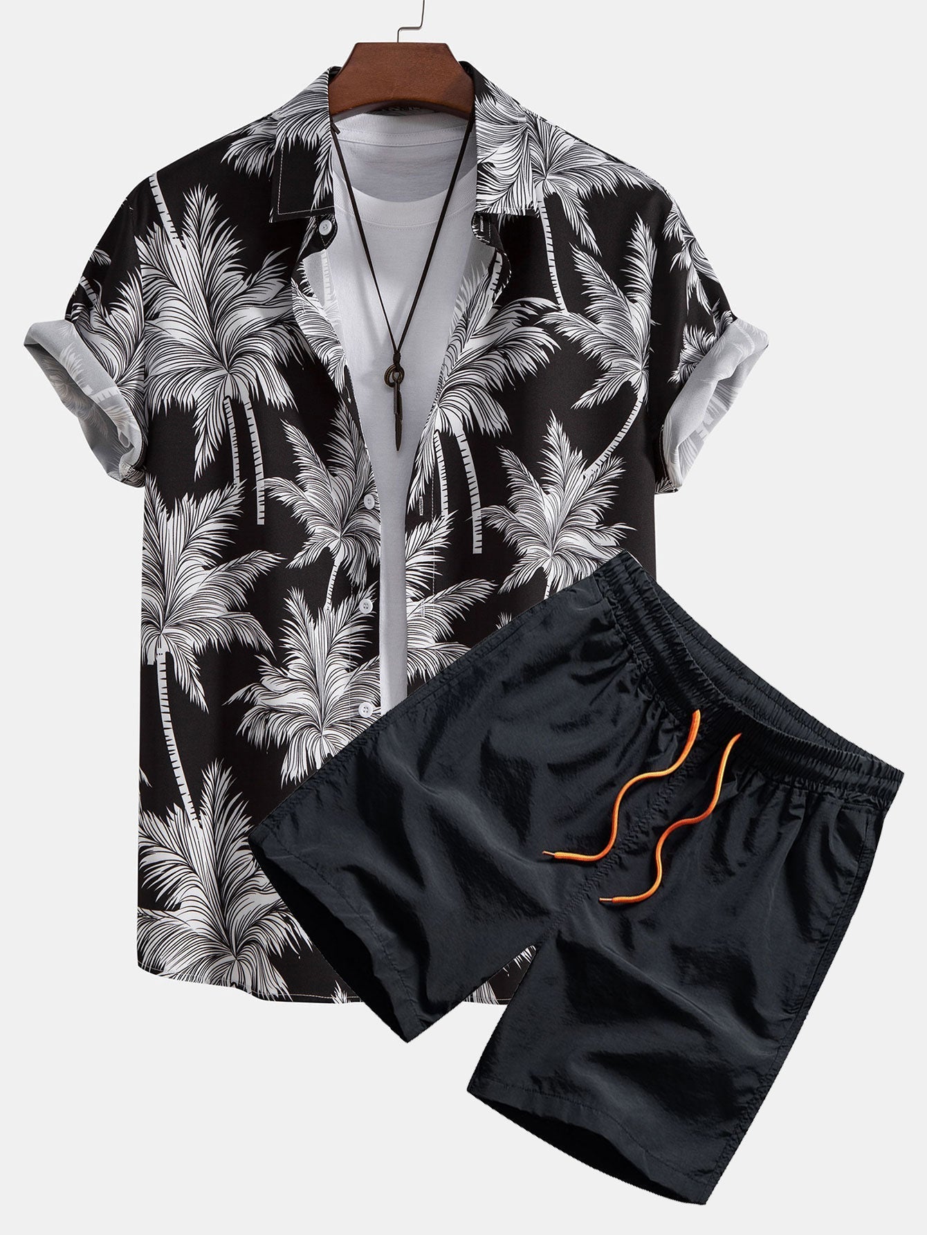 Palm Tree Print Shirt and Swim Shorts Set – 100% Polyester, Regular Fit, Casual Summer Apparel 1
